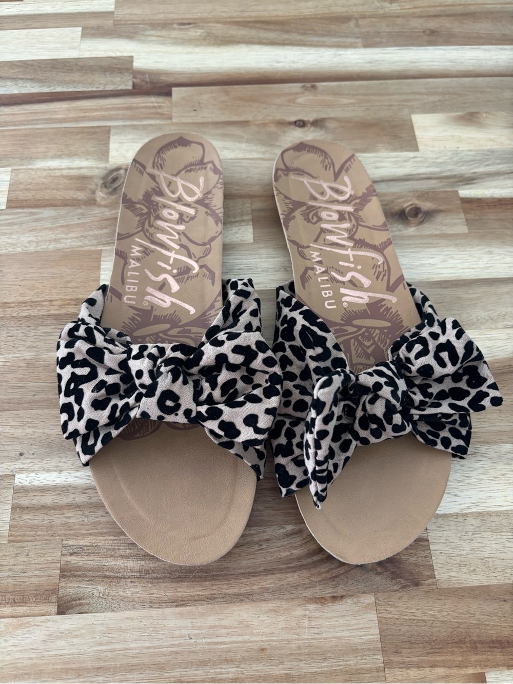 Blowfish Leopard Bow Slide Sandals in Beige and Black